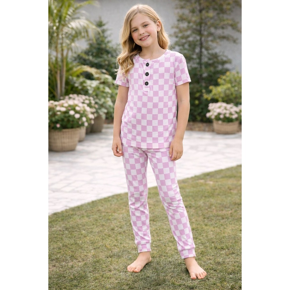 GIGI AND MAX‎ Girls Pajama Set Pink Check Bamboo Size 6/7 Pullover Long Sleeve